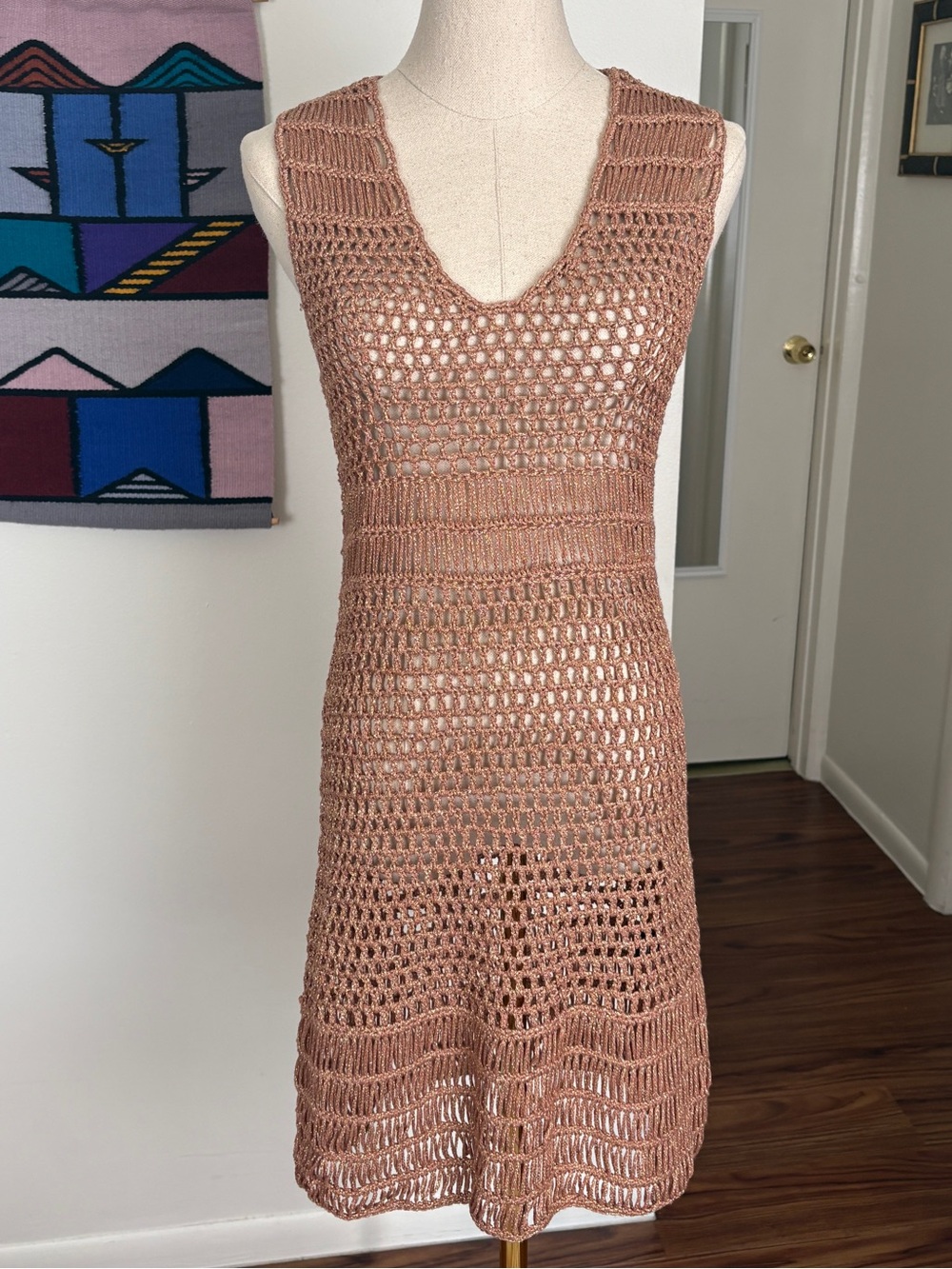 Vetchy Crochet V-Neck Sleeveless Dress in Brown and Gold